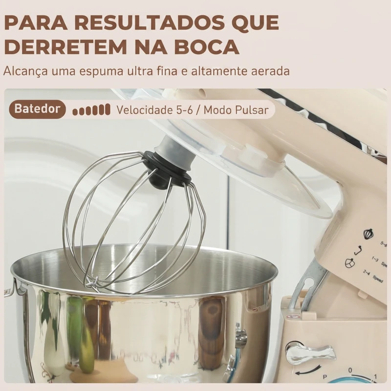 HOMCOM Batedeira Planetária 4,5L 1300W 6 Velocidades Taça de Aço Inoxidável Batedor Gancho Varas Bege
