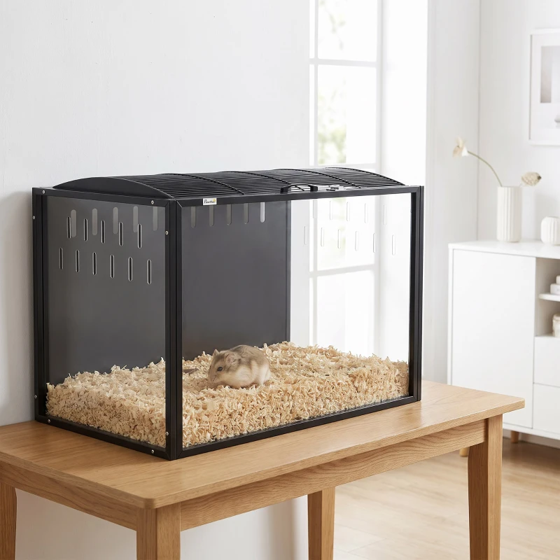 PawHut Cage à Hamster Géante Habitat pour Rongeur en Acier et Acrylique Transparent Vue Panoramique 81 x 51 x 53 cm Noir