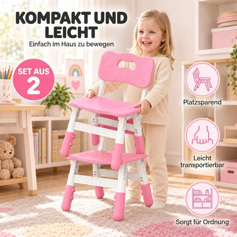 AIYAPLAY Schreibtischstuhl Kinder 2er Set, 26-30cm höhenverstellbar ergonomischer Rückenlehne armlose für 1,5–8 Jahren Rosa