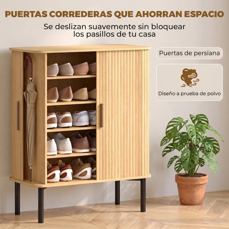 HOMCOM Zapatero de 5 Niveles con Puertas Correderas 4 Estantes Ajustables y Compartimentos Laterales Roble
