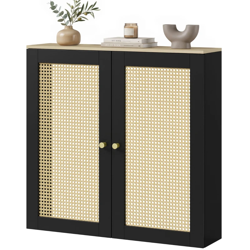 HOMCOM Cache-radiateurs avec 2 portes en rotin Cache-radiateur Couverture pour radiateur pour Salon Chambre 78x19x75 cm Noir
