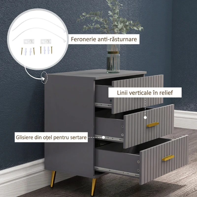 HOMCOM Comodă modernă cu 3 sertare din lemn și aluminiu, 60x40x71,5 cm, auriu și gri închis