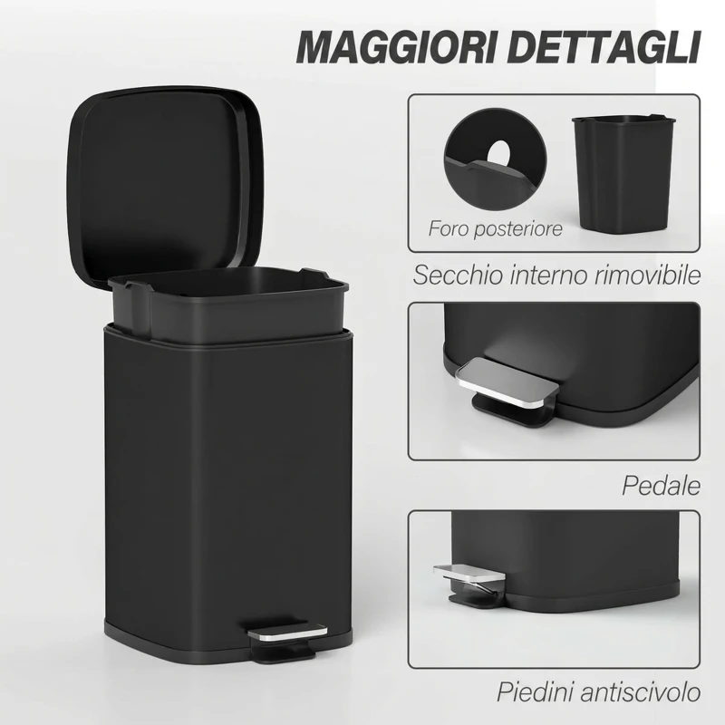 HOMCOM Pattumiera Rettangolare a Pedale 20L in Metallo con Coperchio, Secchio Rimovibile, Anti-impronte, Nero