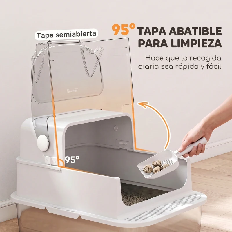 PawHut Arenero para Gatos de Acero Inoxidable XXL con Tapa Extraíble 3 en 1 Borde Alto Pedal Pala Diseño Desmontable Blanco