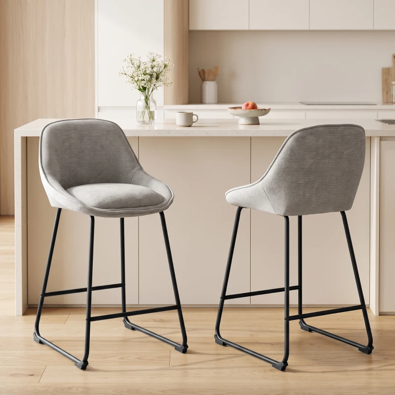 HOMCOM Lot de 2 Tabourets de Bar, Chaises de Bar en Chenille, Assise Rembourrée 64H cm, Dossier et Repose-Pieds, Gris