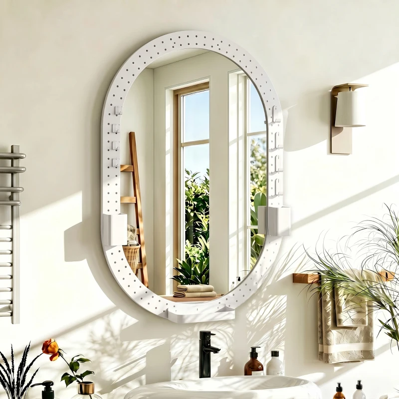 HOMCOM Espelho de Parede Decorativo com Painel Perfurado 90 x 60 cm para Sala e Quarto, Branco