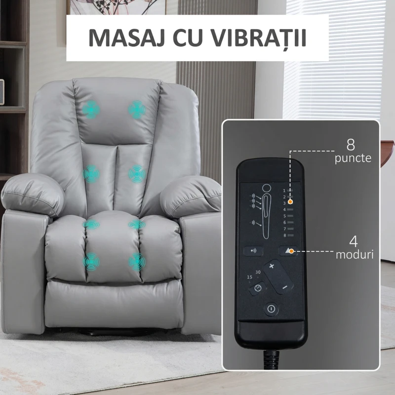 HOMCOM Fotoliu Reclinabil cu Funcție de Ridicare, 8 Puncte de Masaj și Telecomandă, din Microfibră, 94x96x106 cm, Gri