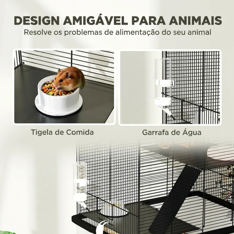 PawHut Gaiola para Hamster com Base Funda, Plataforma, Comedouro, Bebedouro, Rampa e Rodas 57x43x74 cm Preto