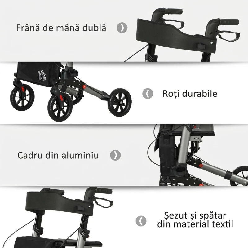 HOMCOM Cadru de mers pliabil din aluminiu, reglabil pe înălțime, cu geantă, 64x67x80-92 cm, negru și argintiu