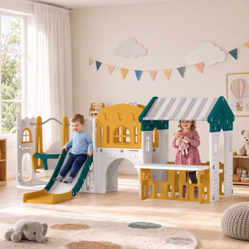 AIYAPLAY Ensemble Toboggan et Balançoire 11 en 1 Enfants, Aire de Jeux Intérieure, Maisonnette, Panier de Basket, 1-4 Ans, Jaune
