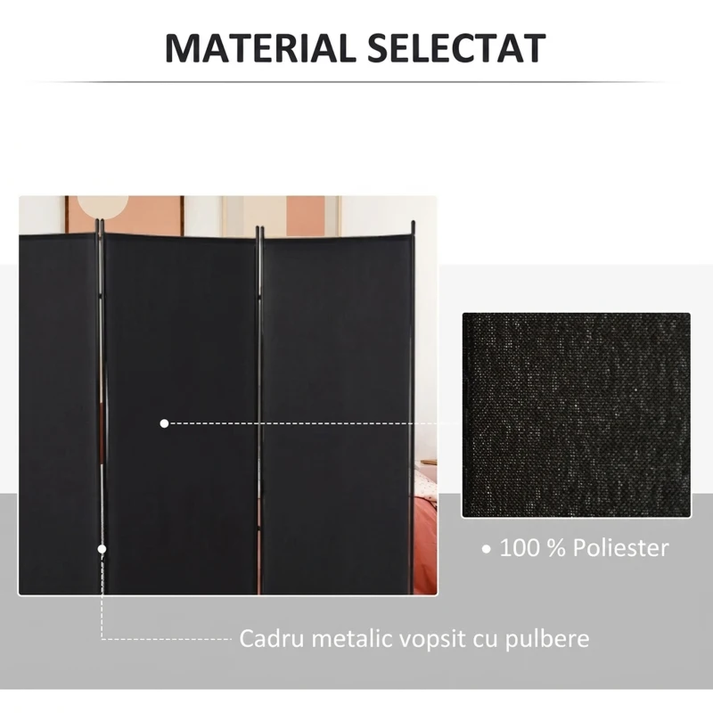 HOMCOM Paravan pliabil de interior cu 3 panouri, realizat din metal și poliester, 253x50x182 cm, negru
