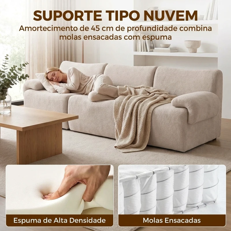 HOMCOM Sofá Modular de 3 Lugares 277 cm em Chenille sem Estrutura, Assento Grosso com Molas, Largo e Profundo, sem Montagem, Bege