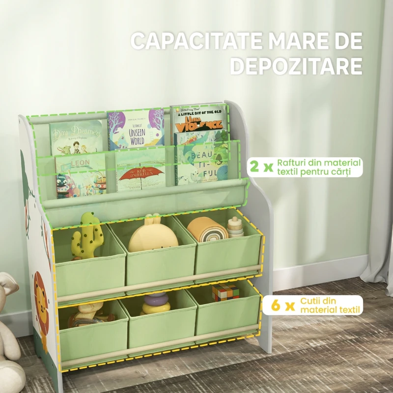 AIYAPLAY Raft pentru Jucării cu 6 Sertare din Material Textil și Bibliotecă cu 2 Nivele, din Lemn și Oțel, 63x30x71 cm, Verde
