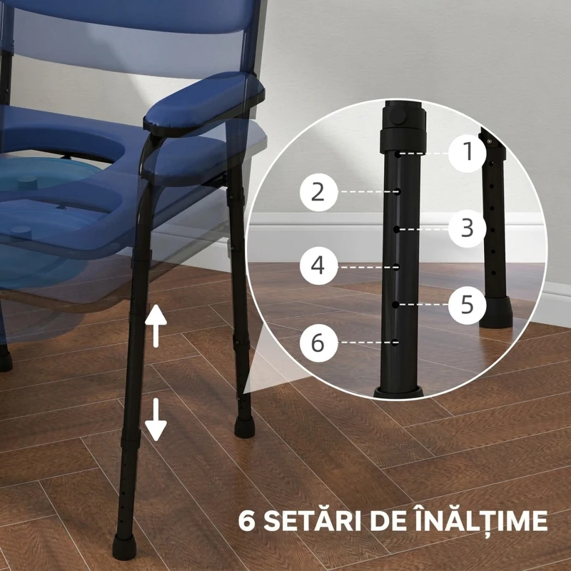 HOMCOM Scaun Confortabil 5 în 1 pentru Vârstnici și Persoane cu Dizabilități pentru WC și Duș, Înălțime Reglabilă și Găleată Detașabilă, Albastru