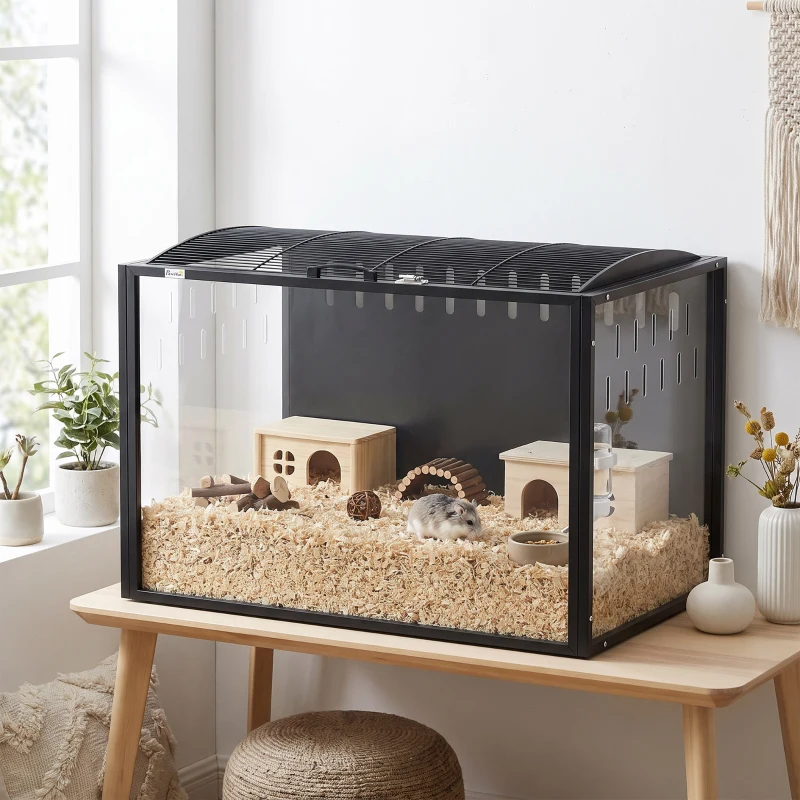 PawHut Cage à Hamster Géante Habitat pour Rongeur en Acier et Acrylique Transparent Vue Panoramique 81 x 51 x 53 cm Noir