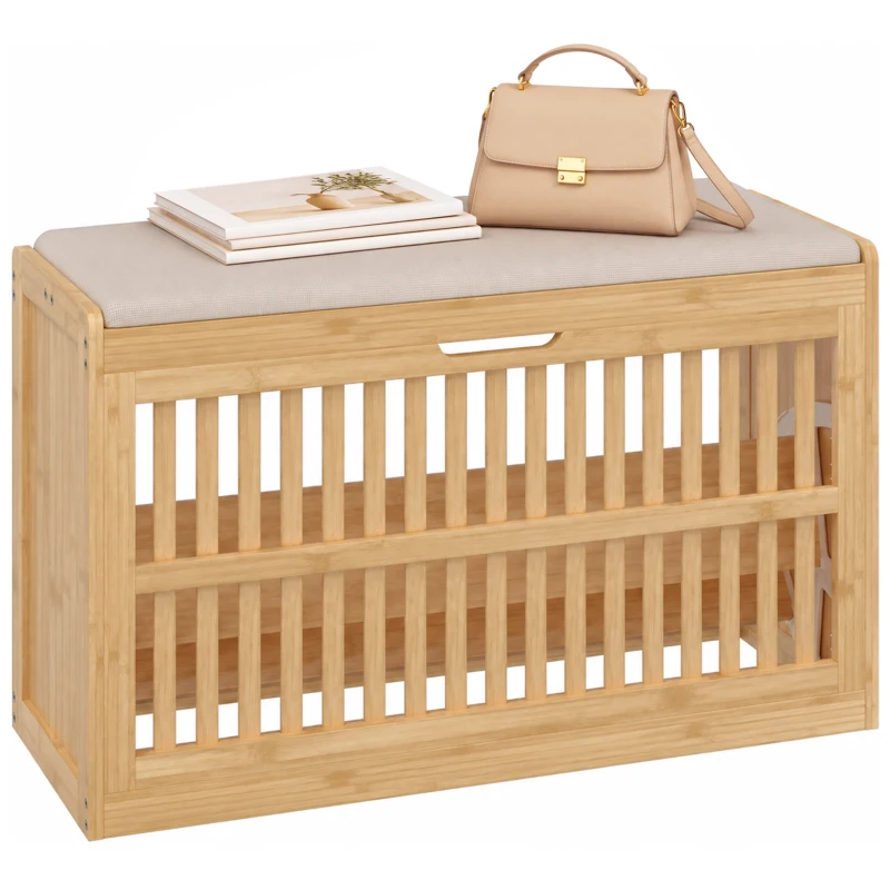 HOMCOM Banco Sapateira com Compartimento Basculante e Assento Acolchoado 80x30x48 cm Natural e Bege