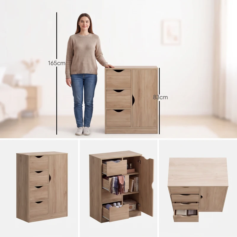 HOMCOM Armário de Sala de Estar Aparador Auxiliar com 4 Gavetas 1 Armário e Prateleira Inferior Móvel de Armazenamento Múltiuso para Dormitórios Sala de Jantar 54x29x83cm Carvalho