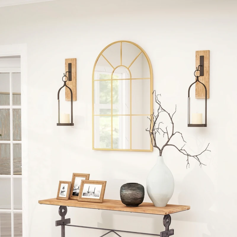 HOMCOM Oglindă de perete în formă de arc, din sticlă și metal auriu, stil modern, 91x2x60 cm