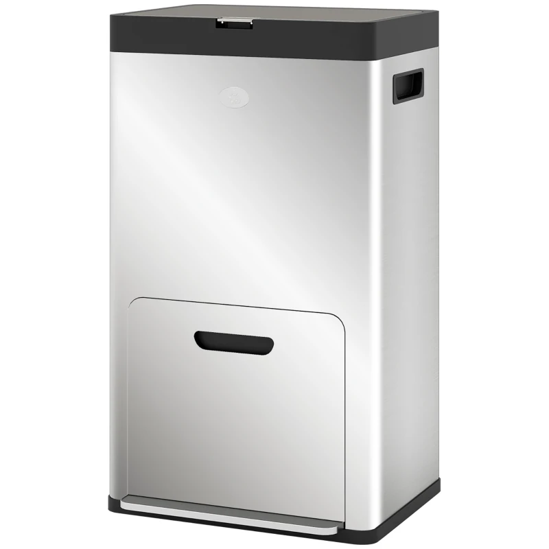 HOMCOM Caixote do Lixo de Cozinha 3 Compartimentos 2x18L+20L (56L) em Aço Inoxidável com Rodas e Tampa de Fecho Suave, Prateado