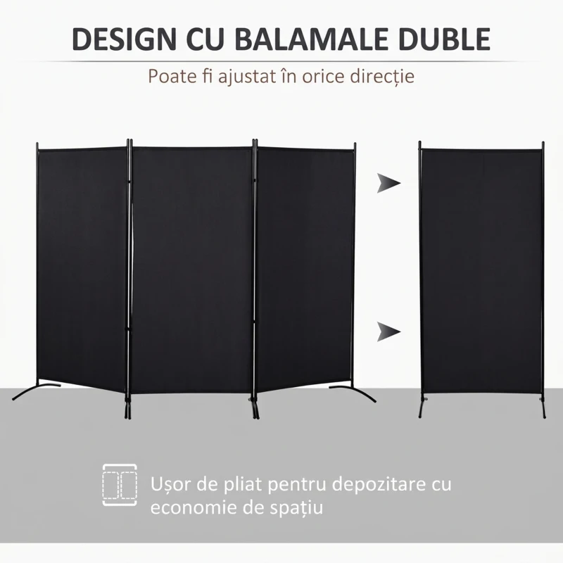 HOMCOM Paravan pliabil de interior cu 3 panouri, realizat din metal și poliester, 253x50x182 cm, negru
