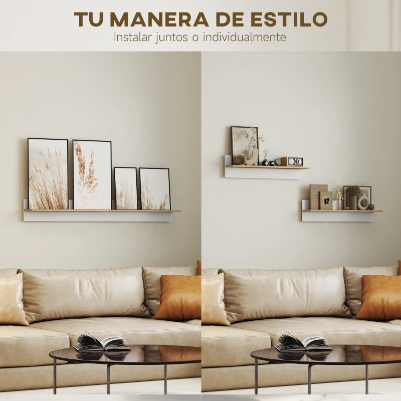 HOMCOM Set de 2 Estantes de Pared Flotantes de 80 cm para Sala de Estar Entrada Dormitorio Carga 3 kg Blanco y Natural