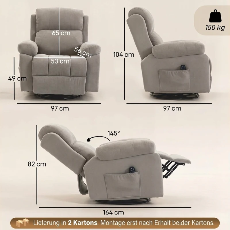 HOMCOM Massage-relaxfauteuil met warmte en vibratiemassage, verlengde voetensteun, draaifunctie, chenille, beige