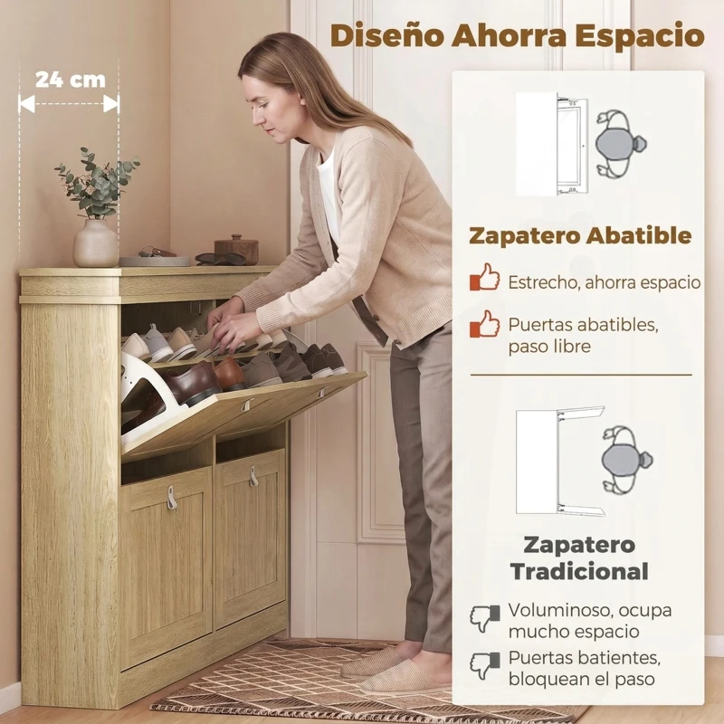 HOMCOM Zapatero Estrecho con 4 Puertas Abatibles y Estantes Ajustables para hasta 20 Pares Efecto Roble