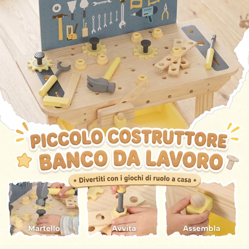 AIYAPLAY Banco da Lavoro per Bambini in Legno di Pino con 28 Accessori e Contenitore in PP, Età 3-8 Anni, Color Legno