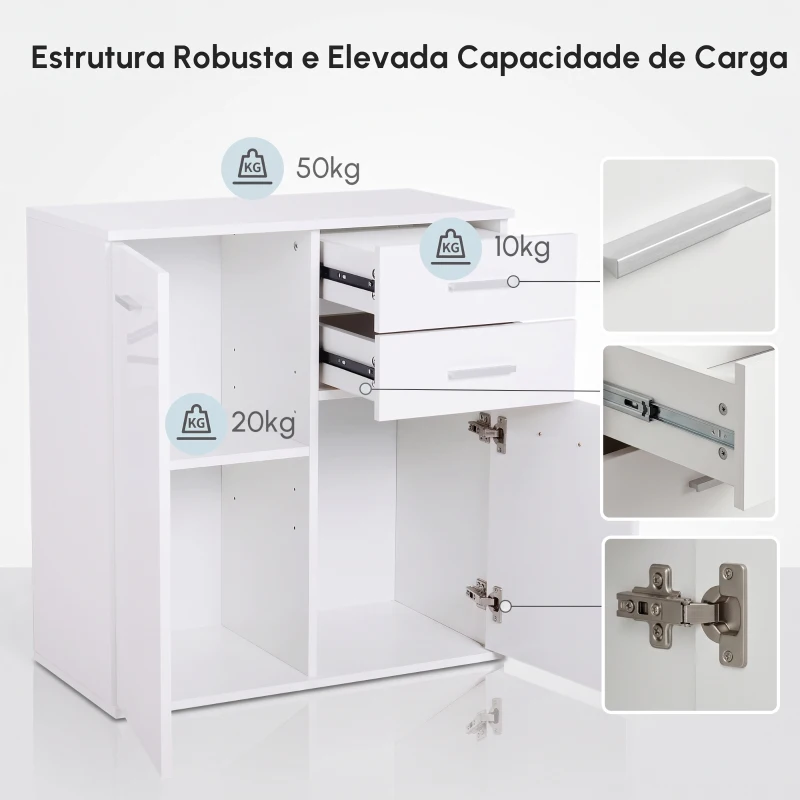 HOMCOM Armário Aparador Multiuso com Portas e Gavetas Amplo Espaço de Armazenamento para Sala de Estar 71x35x76cm Branco
