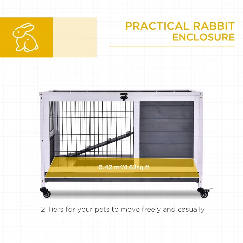 PawHut Wooden Guinea Pig Hutch, 2-Floor Bunny Cage w/ Enclosed Run Area, Grey
