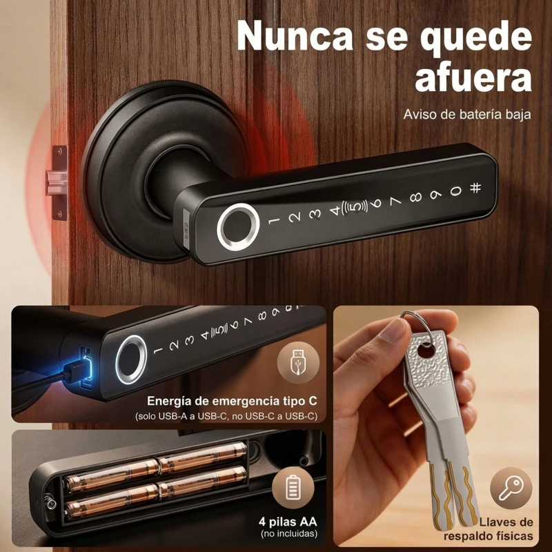 HOMCOM Cerradura Inteligente con Manilla 5 en 1 con Huella Código App Bluetooth Tarjeta NFC y Llave Registro de Accesos Negro