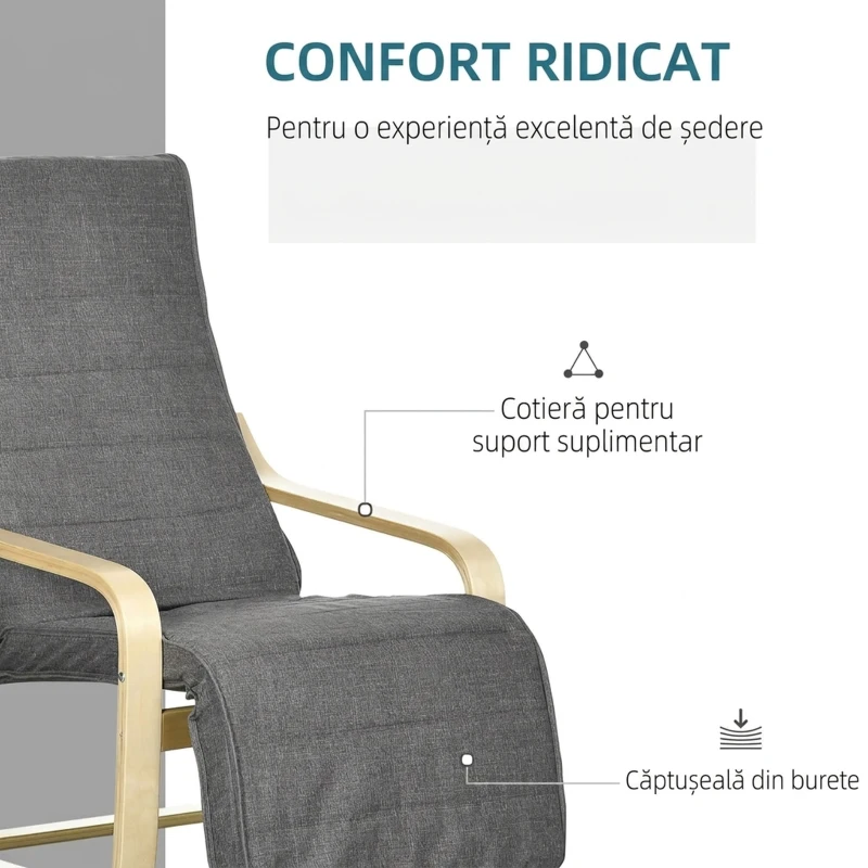 HOMCOM Fotoliu Relax cu Suport pentru Picioare, 5 Niveluri și Tetieră din Lemn de Mesteacăn și Țesătură, Gri