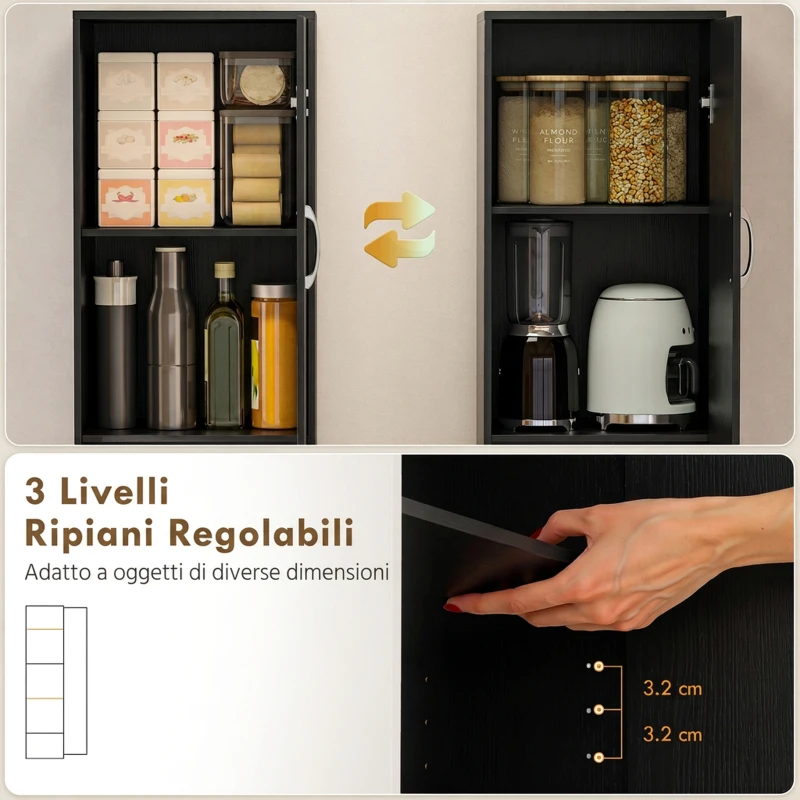 HOMCOM Armadio da Cucina Slim a 5 Ripiani con Spazio Interno Regolabile, in Legno, 40x35x180 cm, Nero