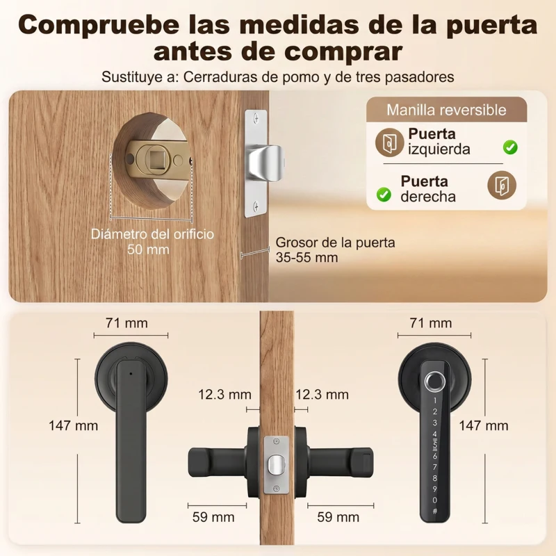 HOMCOM Cerradura Inteligente con Manilla 5 en 1 con Huella Código App Bluetooth Tarjeta NFC y Llave Registro de Accesos Negro