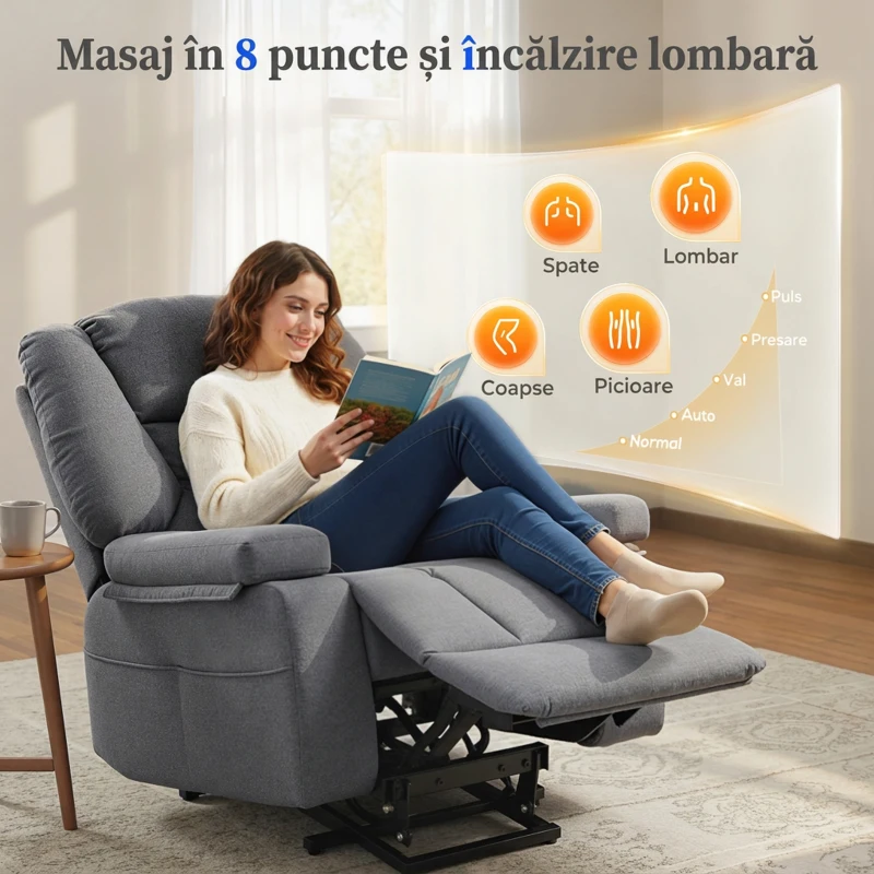 HOMCOM Fotoliu Reclinabil cu Funcție de Ridicare și 8 Puncte de Masaj, din Material Textil cu Efect de In, 97x90x102 cm, Gri