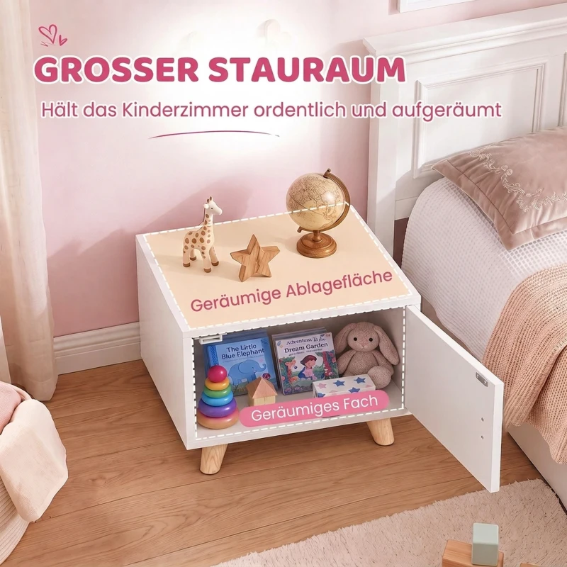 AIYAPLAY Kinder-Nachttisch aus Holz mit Staufach, Beistelltisch für Schlaf- und Wohnzimmer, Weiß