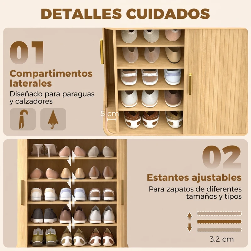 HOMCOM Zapatero de 5 Niveles con Puertas Correderas 4 Estantes Ajustables y Compartimentos Laterales Roble