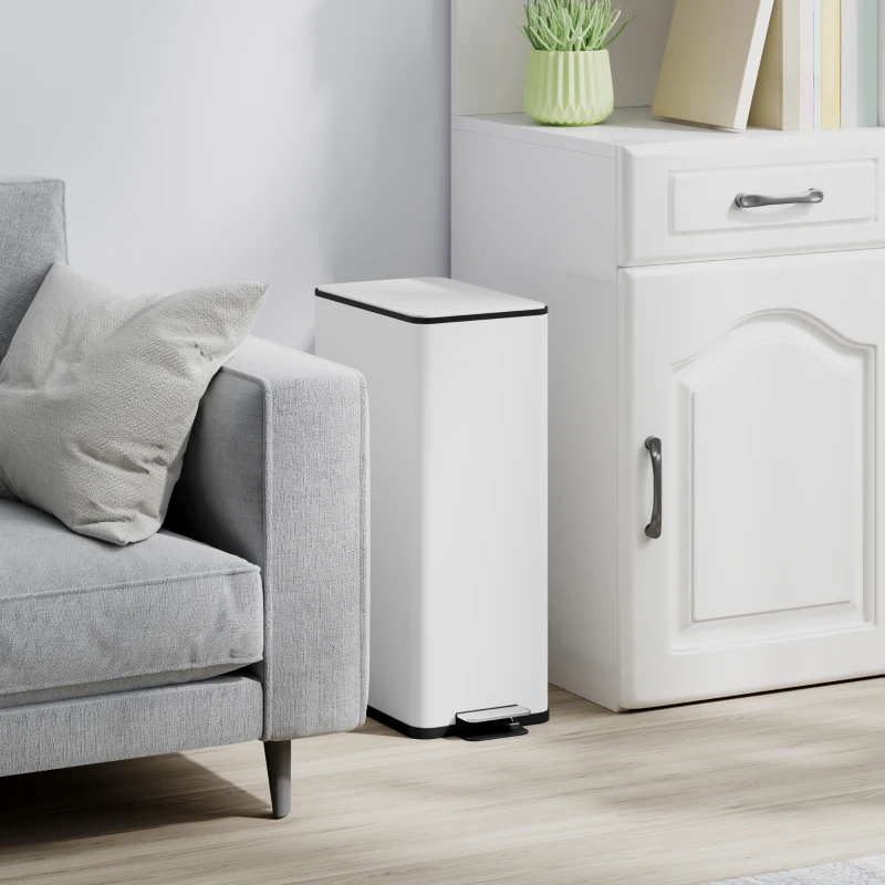 HOMCOM Caixote do Lixo de Cozinha 20 L em Aço Inoxidável com Tampa de Fecho Suave, Pedal e Balde Amovível, Branco