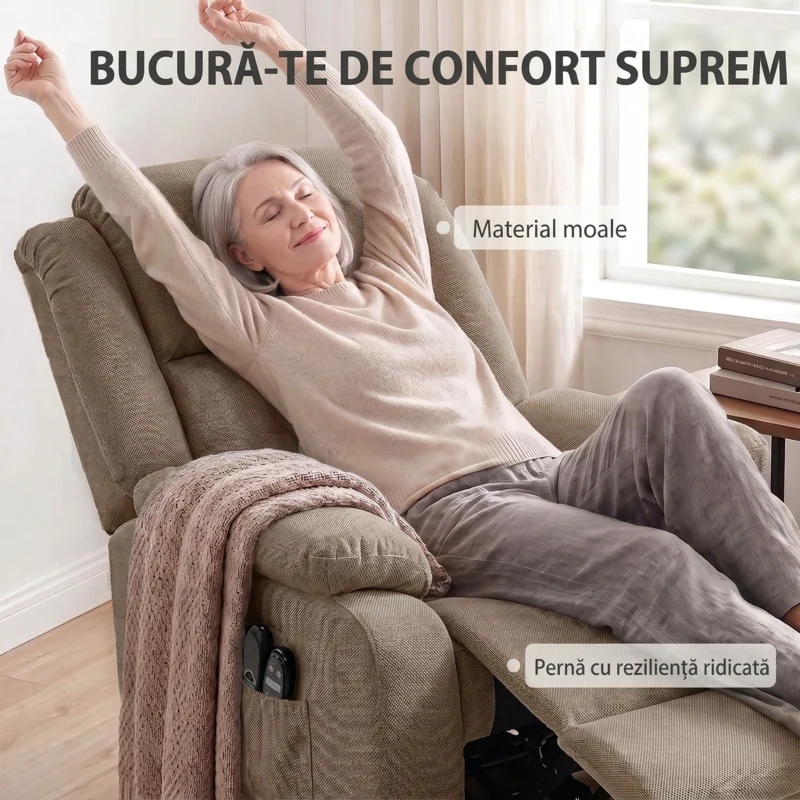 HOMCOM Fotoliu electric cu ridicare asistată, reclinabil 150°, șezut lat, cu masaj și încălzire, catifea, maro deschis