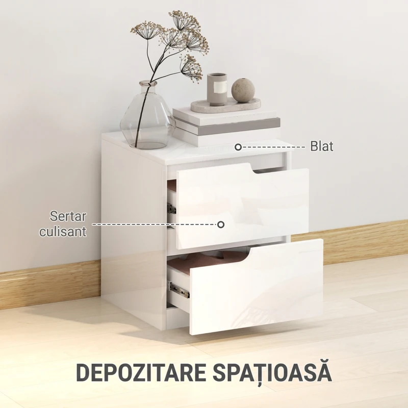 HOMCOM Noptieră modernă din lemn cu 2 sertare și design lucios, 40x40x48 cm, alb