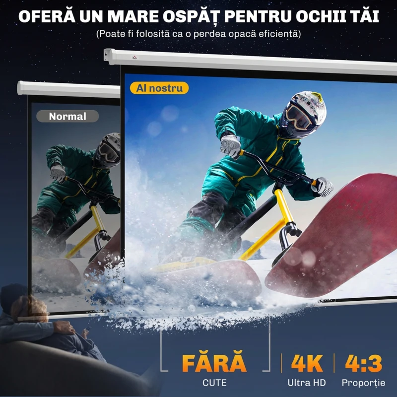HOMCOM Ecran Proiector 84" Format 4:3, Unghi de Vizualizare 160° și Montare pe Tavan sau Perete