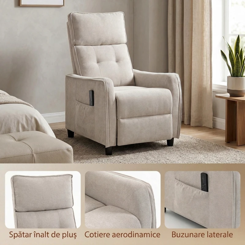 HOMCOM Fotoliu Masaj Reclinabil Manual din Material Textil Tip In cu Telecomandă, Crem