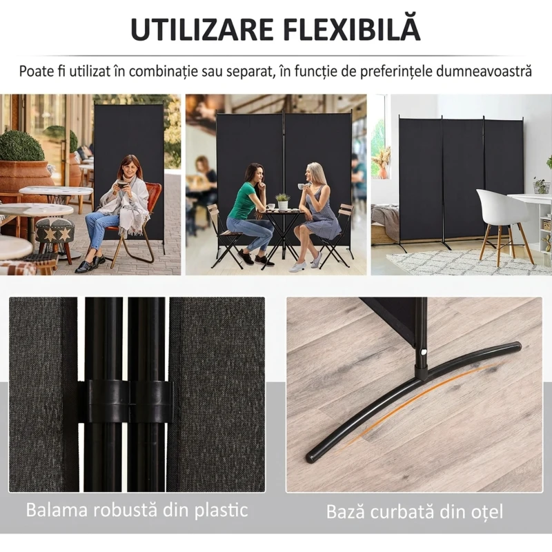 HOMCOM Paravan pliabil de interior cu 3 panouri, realizat din metal și poliester, 253x50x182 cm, negru