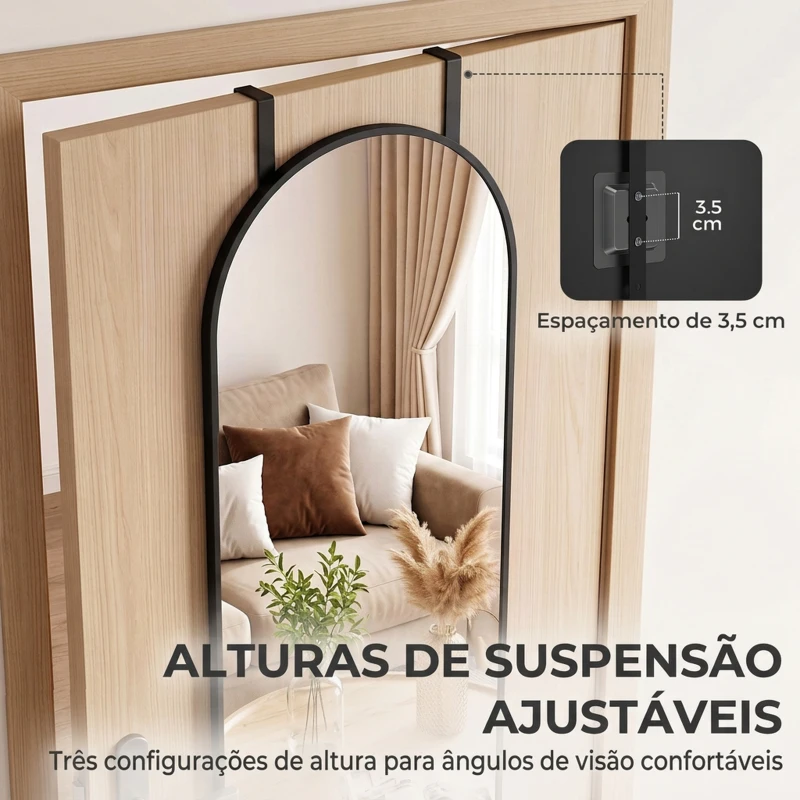HOMCOM Espelho de Parede 40x110 cm com Design Arqueado e Ganchos Ajustáveis para Porta ou Parede, Preto