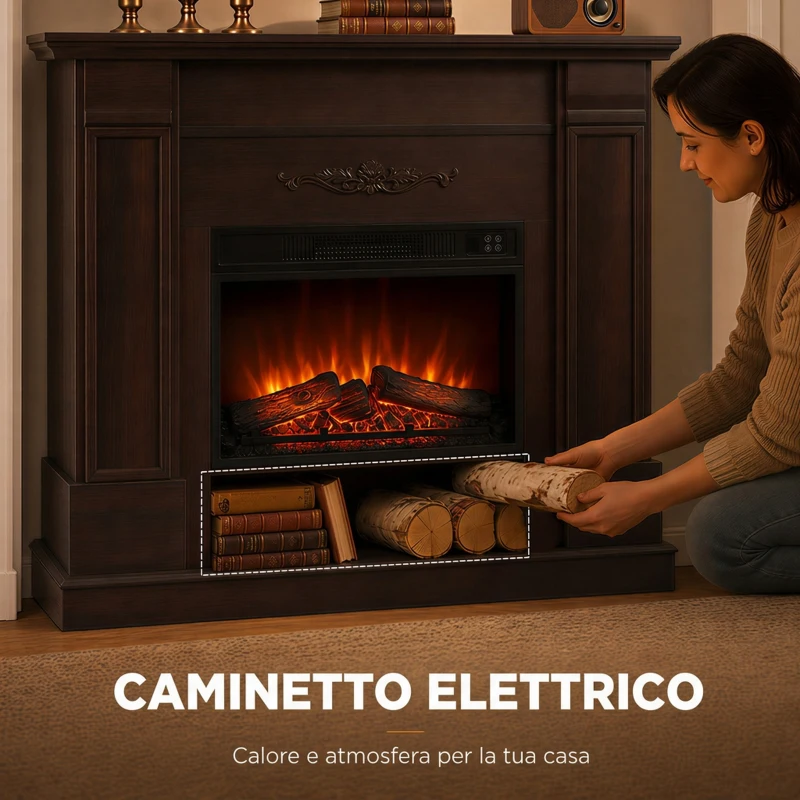 HOMCOM Camino Elettrico da Terra/Incasso con Cornice, 1800W, Effetto Fiamma 3D, Timer, Marrone