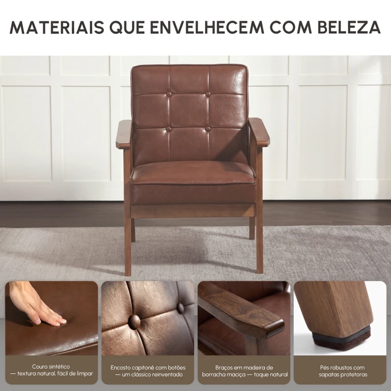 HOMCOM Poltrona Sala de Estar Estofada em PU com Apoio para os Braços e Estrutura de Madeira de Borracha 64x66x80 cm Marrom