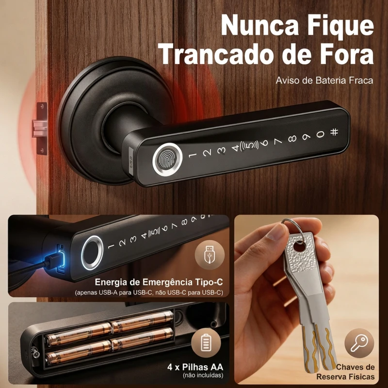 HOMCOM Fechadura Inteligente 5 em 1 com Maçaneta, Impressão Digital, Código, App, Bluetooth, Cartão NFC, Chave e Registo de Acessos, Preto