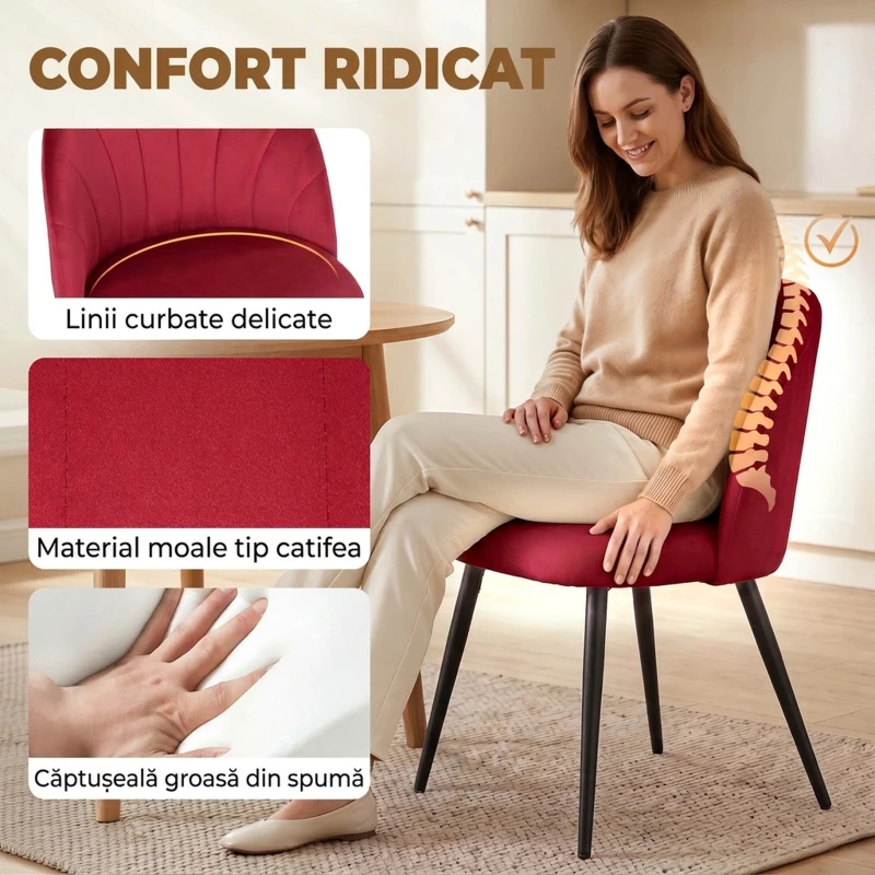 HOMCOM Set de 2 Scaune de Sufragerie din Catifea cu Spătar Tip Scoică, Culoare Roșu Vin,