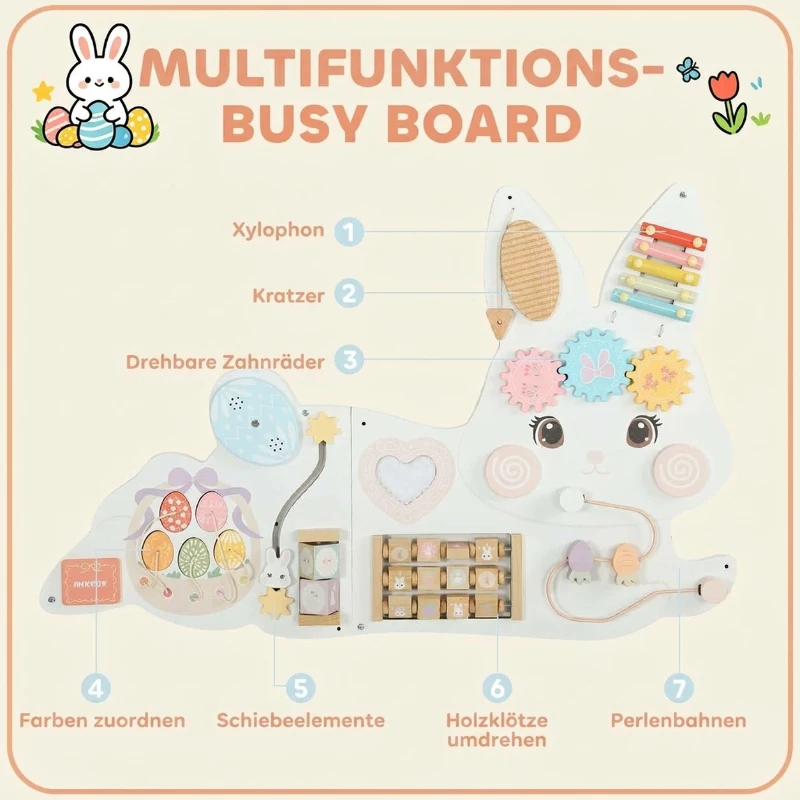 AIYAPLAY Montessori tablica motoryczna 12-in-1 drewniane Busy Board w kształcie zajączka, montowana na ścianie, z ksylofonem i kołami zębatymi, 1,5-6 lat