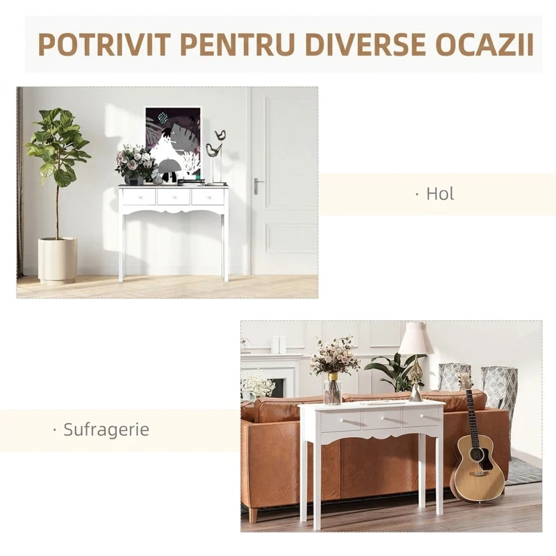 HOMCOM Masă Consolă Modernă de Intrare din MDF cu 3 Sertare, 100x32x85 cm, Alb